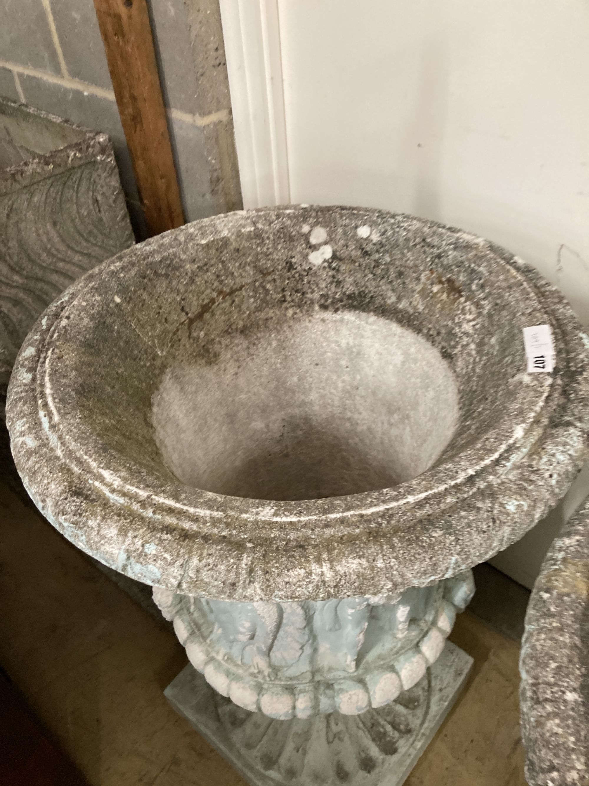 A pair of painted reconstituted stone campana garden urns, diameter 62cm, height 90cm
